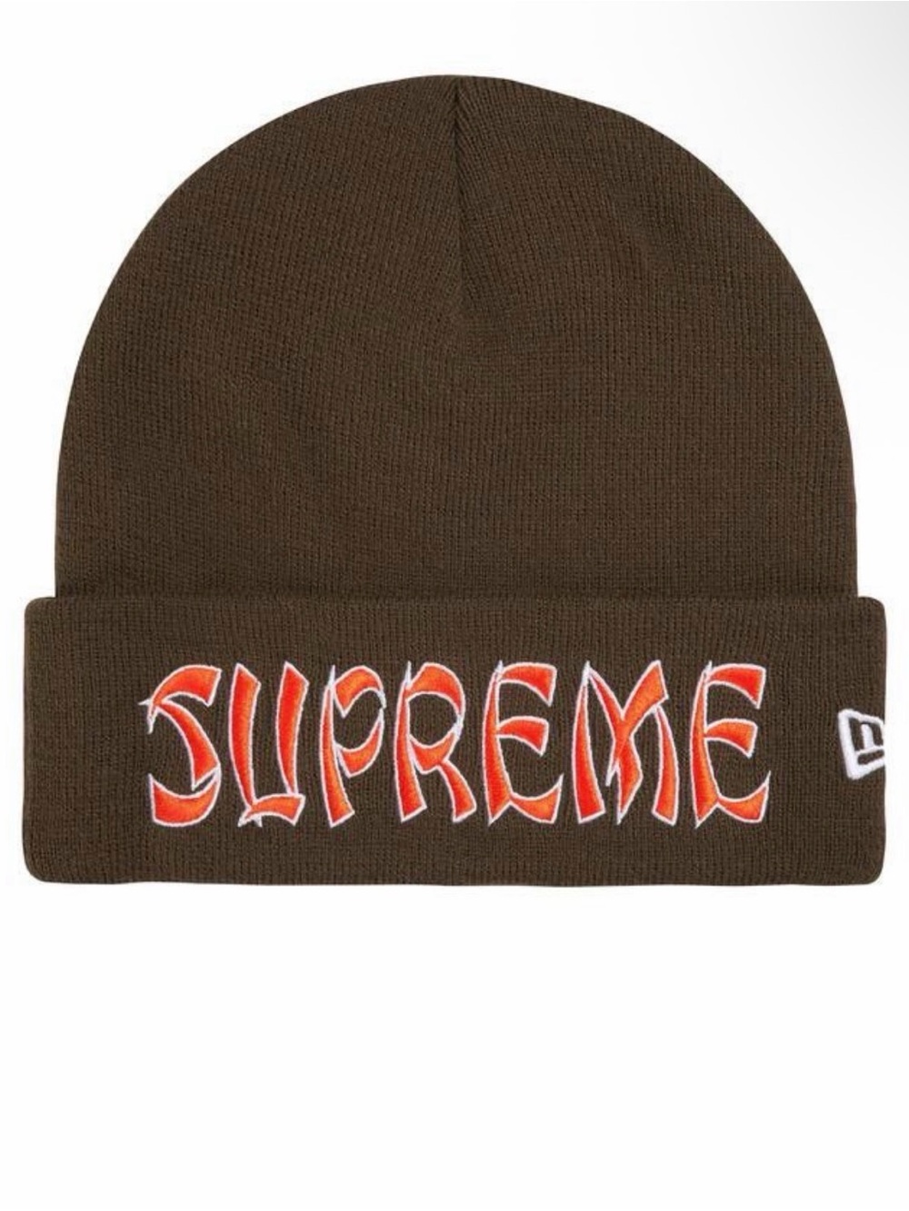Supreme Brown Beanie with Orange Logo Embroidery